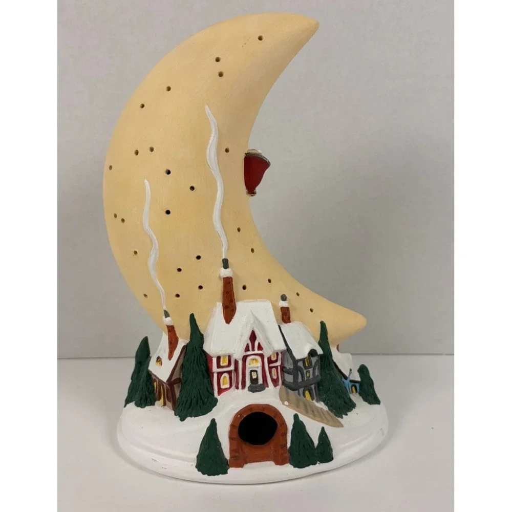 Crescent Moon Village Town Santa Snow Scape Light Lamp Ceramic No Light Kit